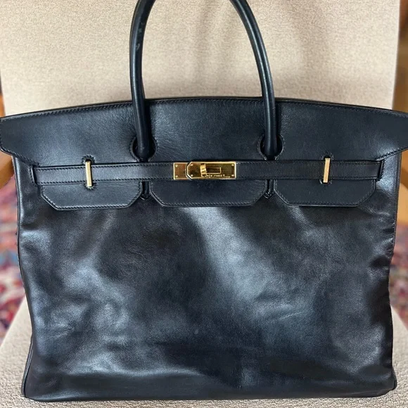Vintage HERMES BIRKIN 40 Cuir Swift Gulliver Leather Bag Black Gold Hardware